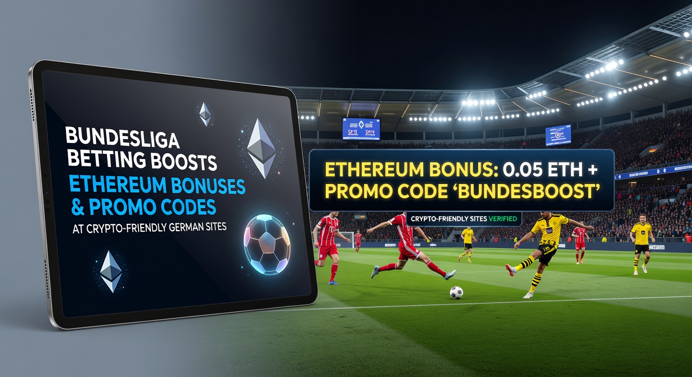 Grafik mit Ethereum-Transaktionen und Bundesliga-Logo, die schnelle Boni-Aktivierung zeigt