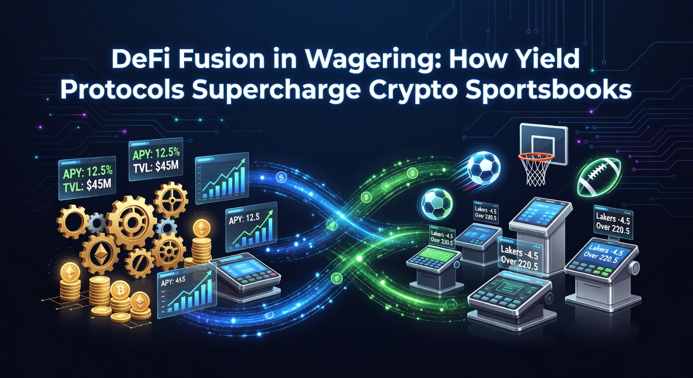 Visuelle Darstellung der DeFi-Integration in Sportwettenplattformen mit Yield-Protokollen und Blockchain-Elementen