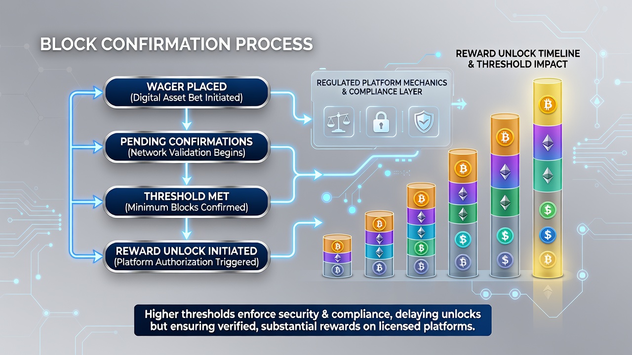 Diagramm zur Blockbestätigung und Belohnungsfreischaltung in regulierten Krypto-Wettökosystemen
