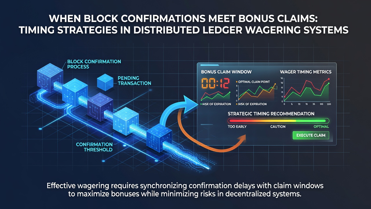 Illustration von Timing-Strategien mit Diagrammen zu Blockzeiten, Bonusfenstern und Netzwerküberwachung in Krypto-Wettsystemen